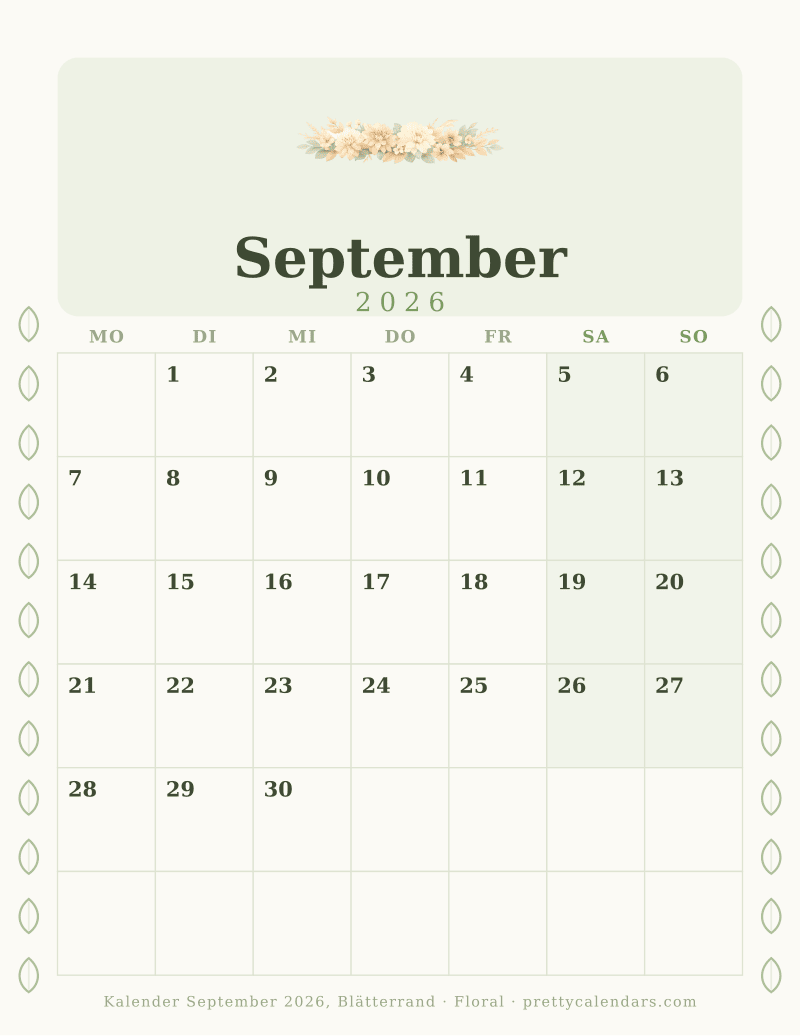 Druckbarer Monatskalender mit Blätterrand auf beiden Seiten, Design Floral
