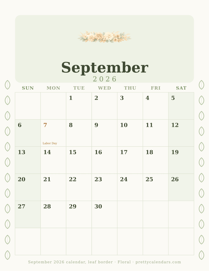 Printable monthly calendar with a leaf border down both margins, Floral style