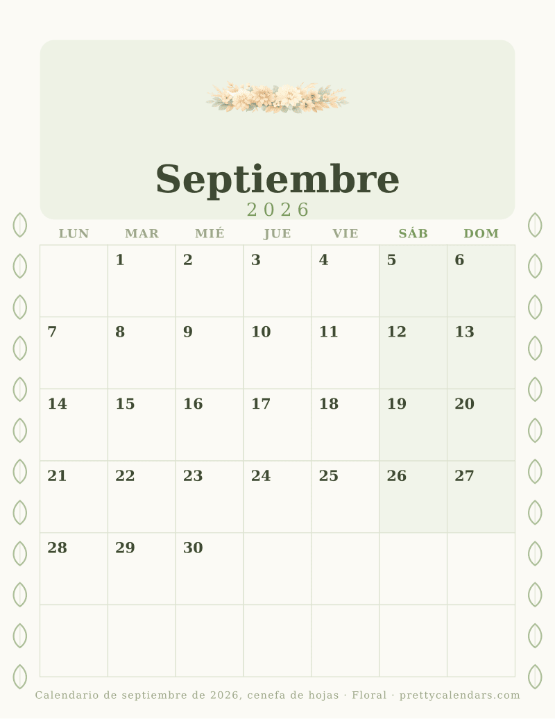 Calendario mensual para imprimir con una cenefa de hojas en los dos márgenes, estilo Floral