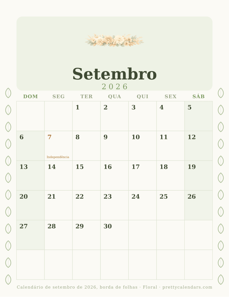 Calendário mensal para imprimir com borda de folhas nas duas margens, estilo Floral