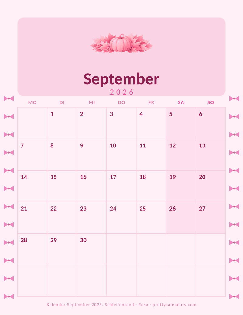 Druckbarer Monatskalender mit Schleifenrand auf beiden Seiten, Design Rosa