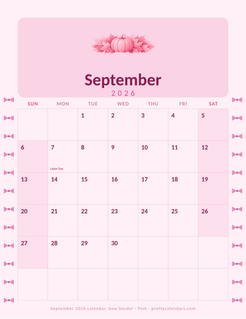 Printable monthly calendar with a bow border down both margins, Pink style