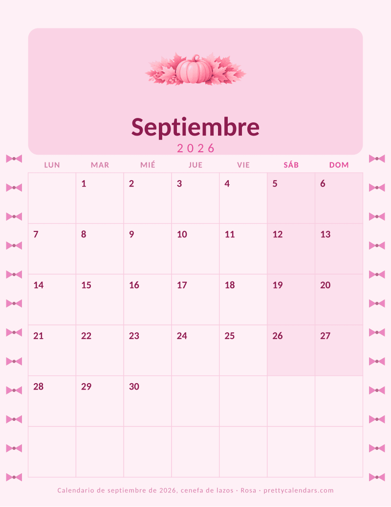 Calendario mensual para imprimir con una cenefa de lazos en los dos márgenes, estilo Rosa