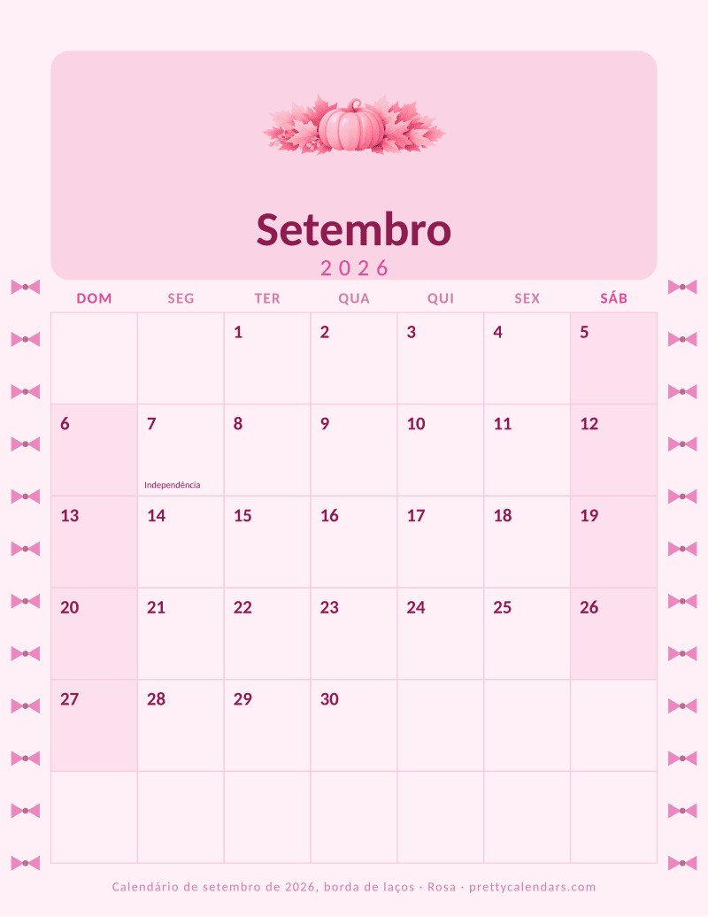 Calendário mensal para imprimir com borda de laços nas duas margens, estilo Rosa