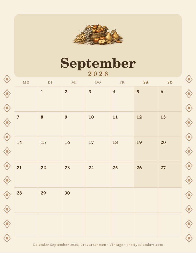 Druckbarer Monatskalender mit Gravurrahmen auf beiden Seiten, Design Vintage