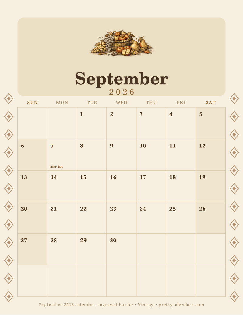 Printable monthly calendar with an engraved border down both margins, Vintage style