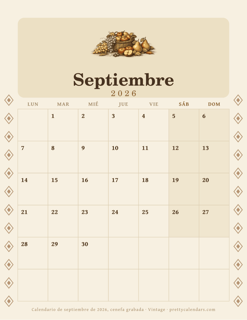 Calendario mensual para imprimir con una cenefa grabada en los dos márgenes, estilo Vintage