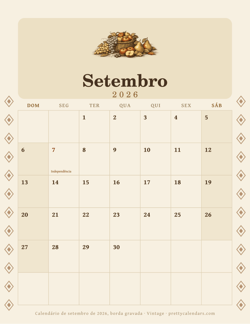 Calendário mensal para imprimir com borda gravada nas duas margens, estilo Vintage