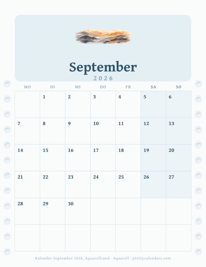 Druckbarer Monatskalender mit Aquarellrand auf beiden Seiten, Design Aquarell