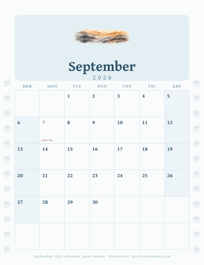 Printable monthly calendar with a wash border down both margins, Watercolor style