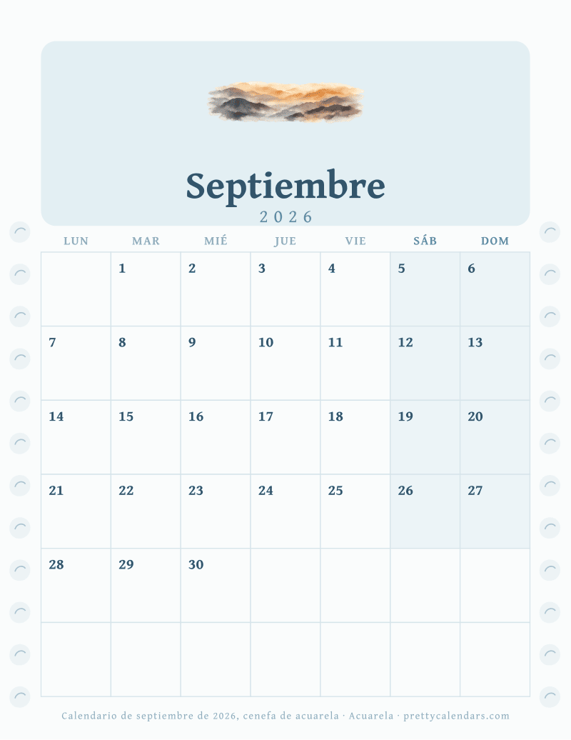 Calendario mensual para imprimir con una cenefa de acuarela en los dos márgenes, estilo Acuarela