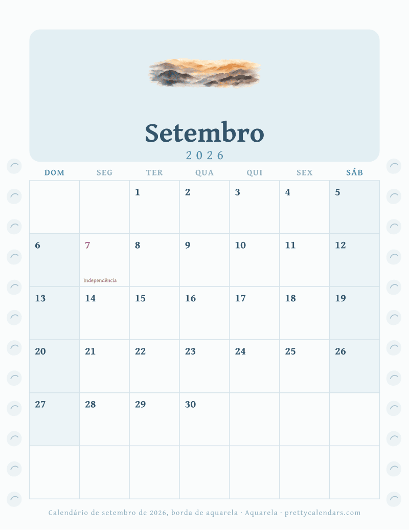 Calendário mensal para imprimir com borda de aquarela nas duas margens, estilo Aquarela