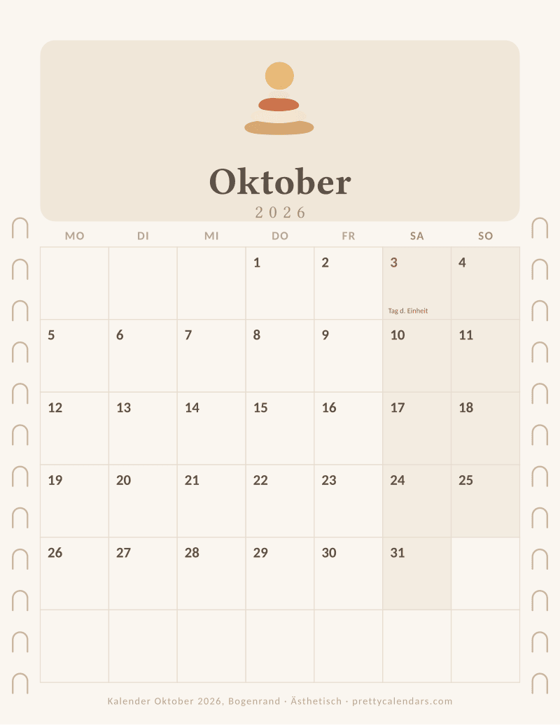 Druckbarer Monatskalender mit Bogenrand auf beiden Seiten, Design Ästhetisch