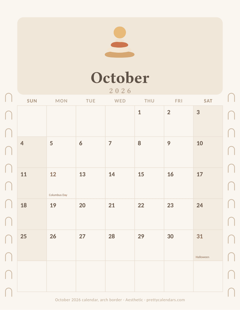 Printable monthly calendar with an arch border down both margins, Aesthetic style