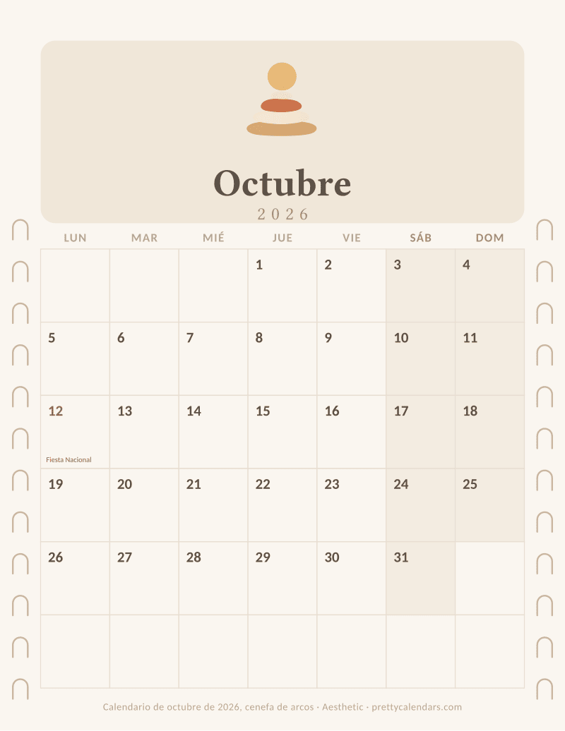 Calendario mensual para imprimir con una cenefa de arcos en los dos márgenes, estilo Aesthetic