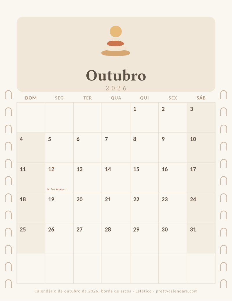 Calendário mensal para imprimir com borda de arcos nas duas margens, estilo Estético