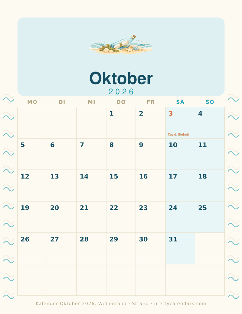 Druckbarer Monatskalender mit Wellenrand auf beiden Seiten, Design Strand
