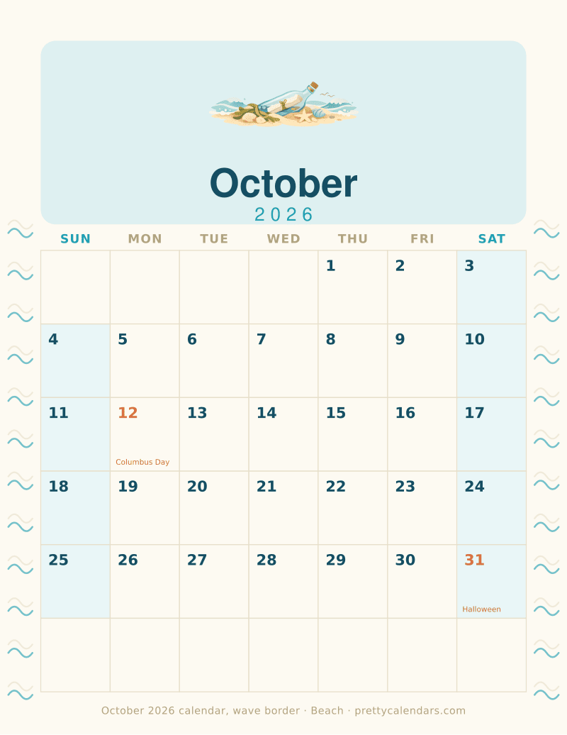 Printable monthly calendar with a wave border down both margins, Beach style