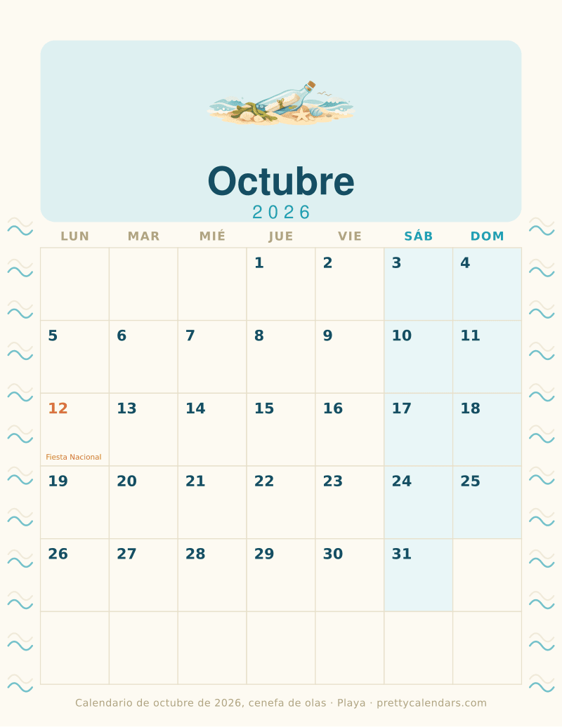 Calendario mensual para imprimir con una cenefa de olas en los dos márgenes, estilo Playa