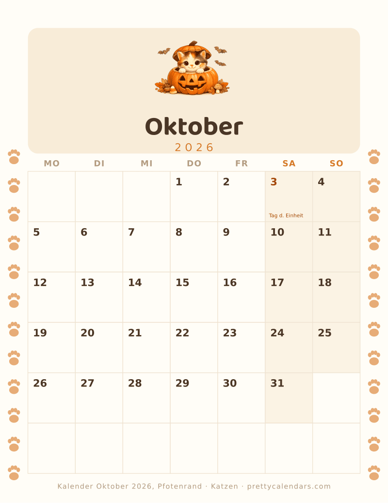Druckbarer Monatskalender mit Pfotenrand auf beiden Seiten, Design Katzen