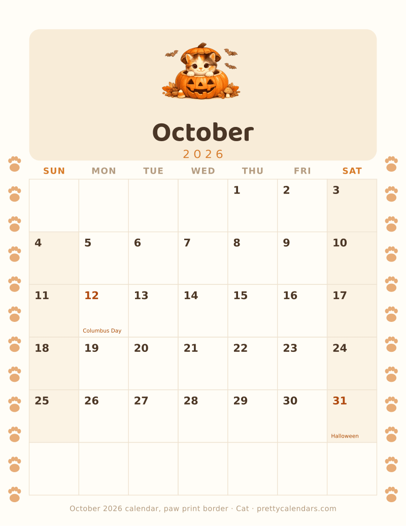 Printable monthly calendar with a paw print border down both margins, Cat style