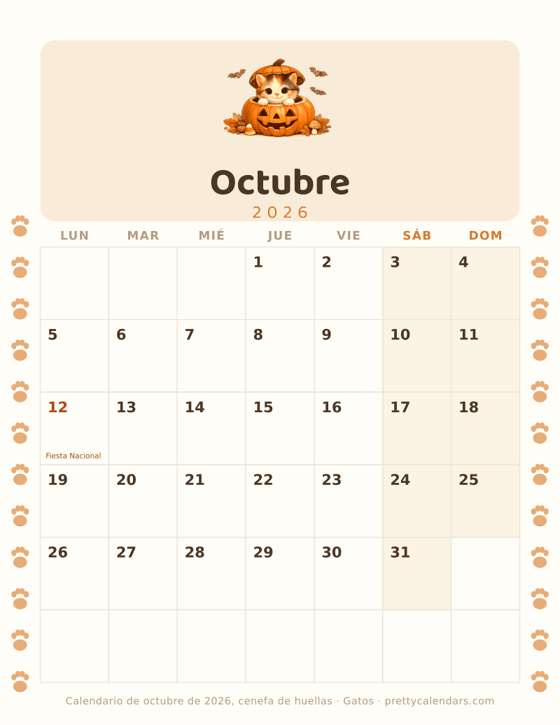 Calendario mensual para imprimir con una cenefa de huellas en los dos márgenes, estilo Gatos
