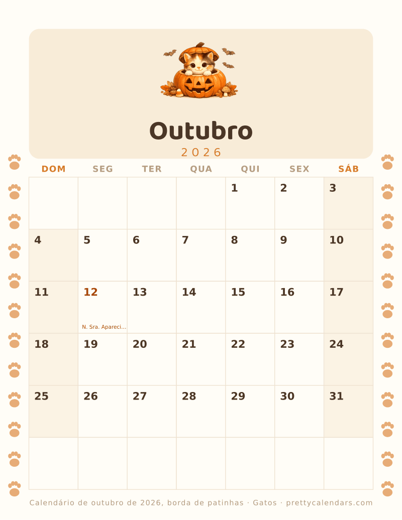 Calendário mensal para imprimir com borda de patinhas nas duas margens, estilo Gatos