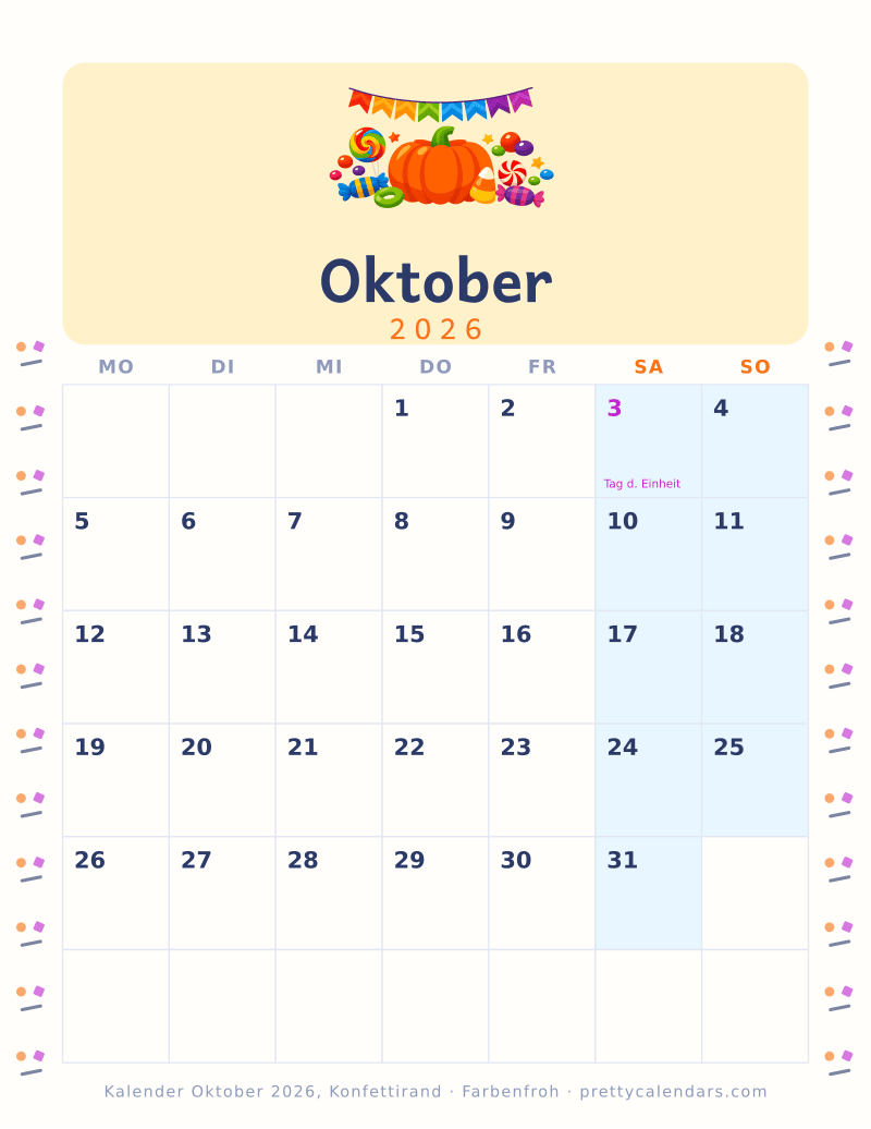 Druckbarer Monatskalender mit Konfettirand auf beiden Seiten, Design Farbenfroh