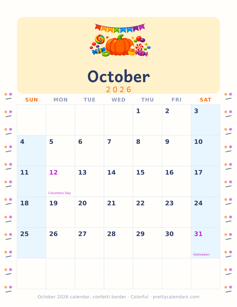Printable monthly calendar with a confetti border down both margins, Colorful style