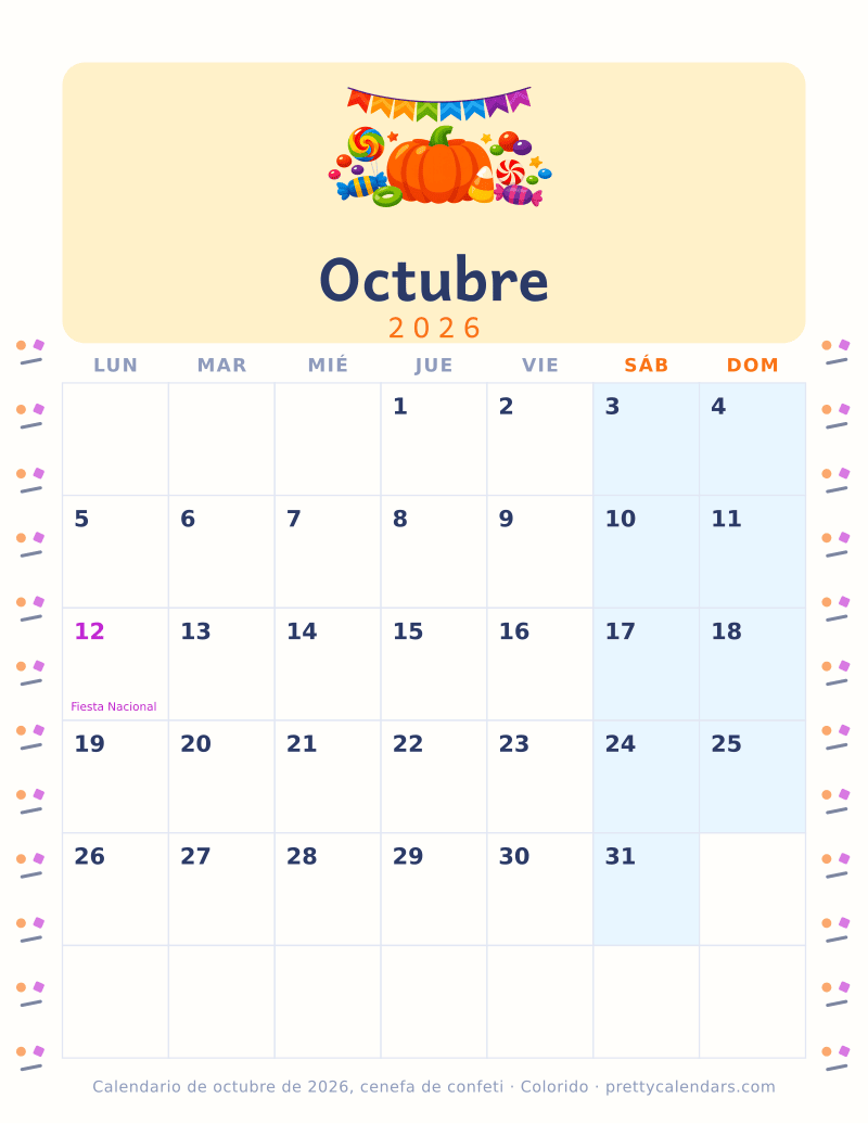 Calendario mensual para imprimir con una cenefa de confeti en los dos márgenes, estilo Colorido