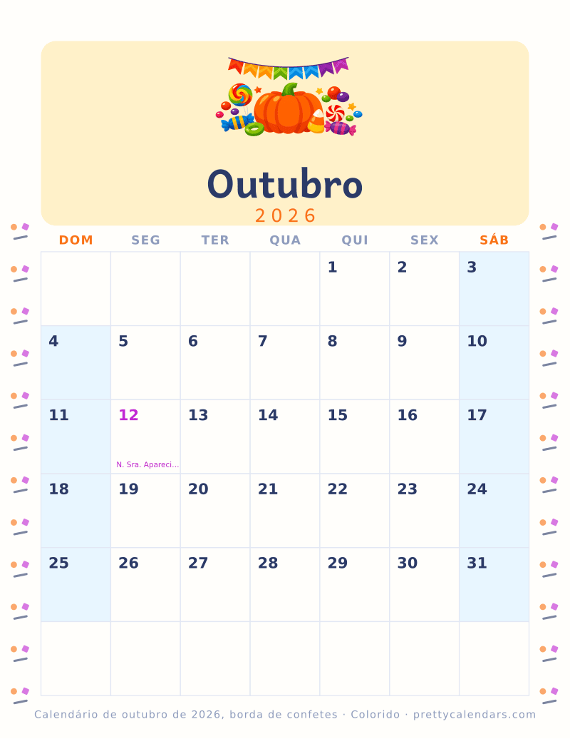 Calendário mensal para imprimir com borda de confetes nas duas margens, estilo Colorido