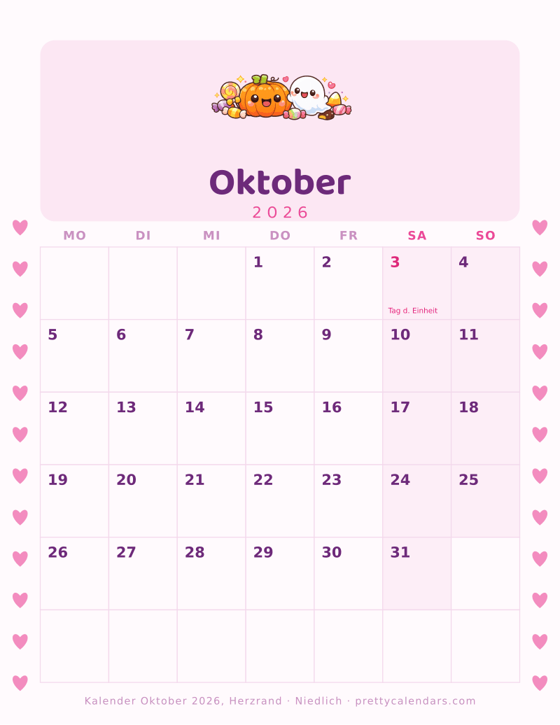 Druckbarer Monatskalender mit Herzrand auf beiden Seiten, Design Niedlich