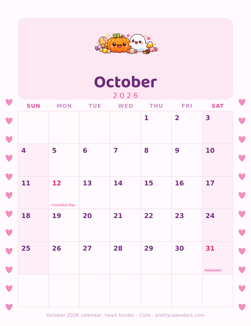 Printable monthly calendar with a heart border down both margins, Cute style