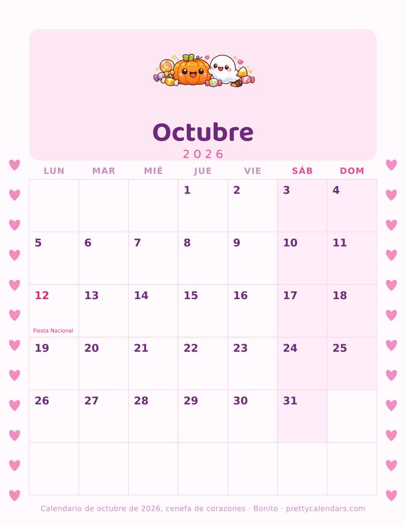 Calendario mensual para imprimir con una cenefa de corazones en los dos márgenes, estilo Bonito