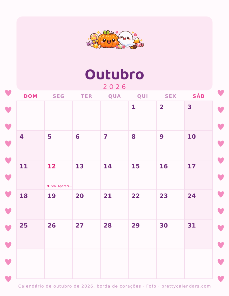 Calendário mensal para imprimir com borda de corações nas duas margens, estilo Fofo