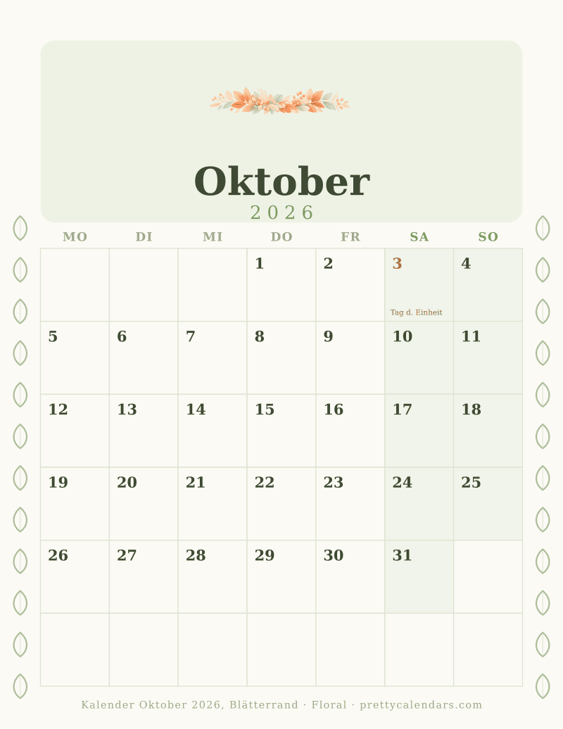 Druckbarer Monatskalender mit Blätterrand auf beiden Seiten, Design Floral