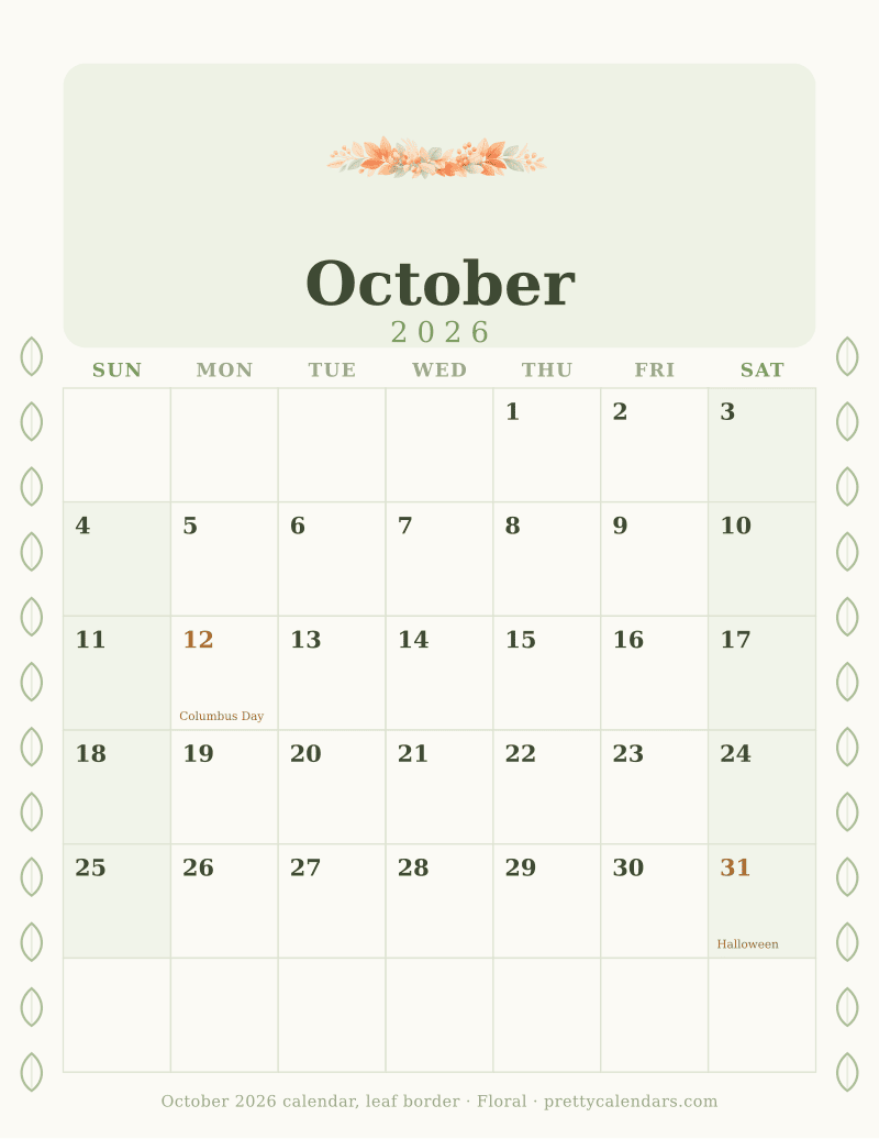 Printable monthly calendar with a leaf border down both margins, Floral style