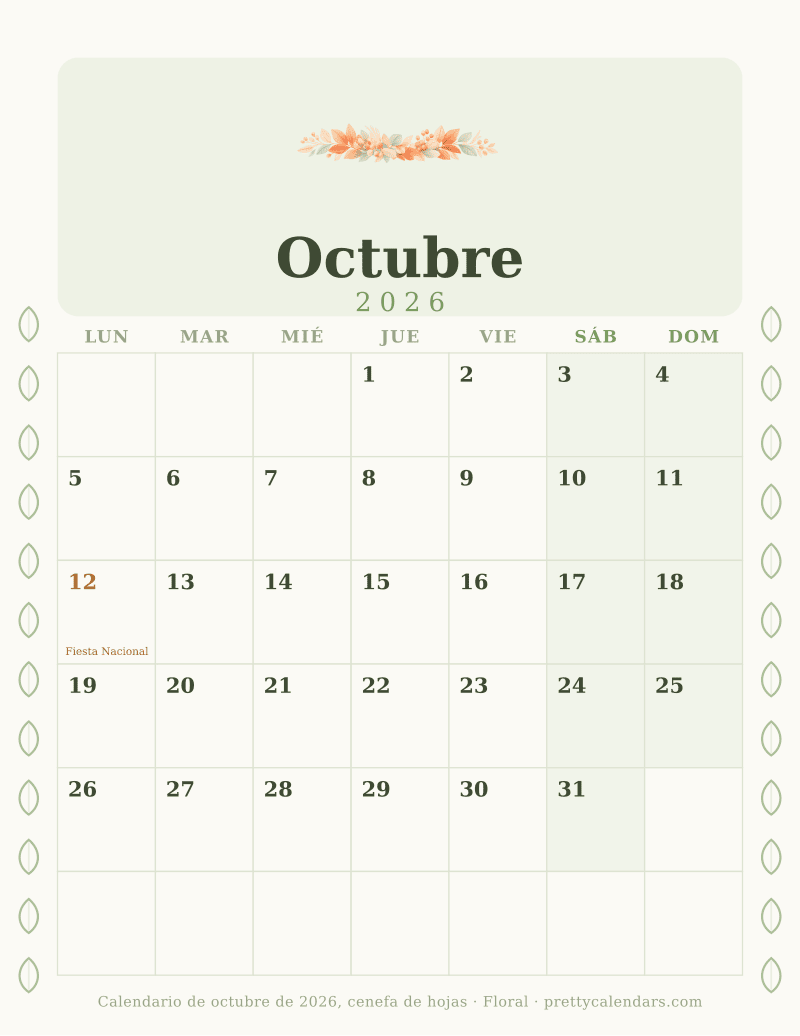Calendario mensual para imprimir con una cenefa de hojas en los dos márgenes, estilo Floral