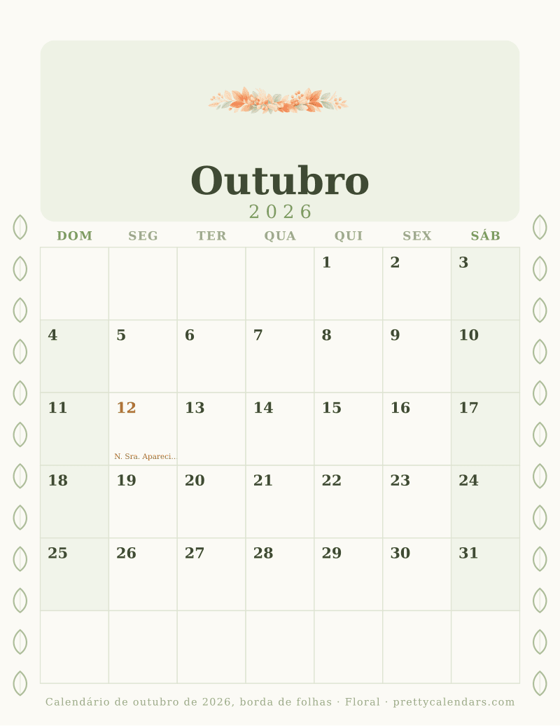 Calendário mensal para imprimir com borda de folhas nas duas margens, estilo Floral