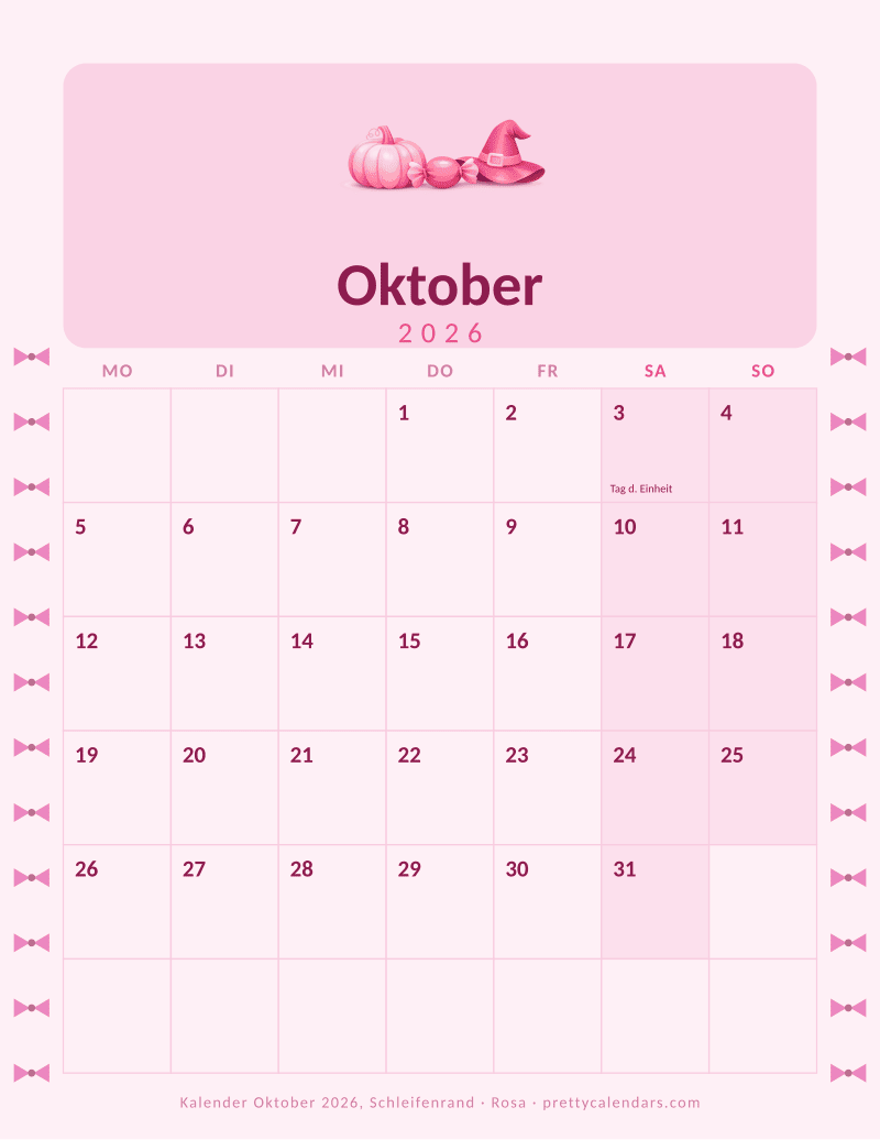 Druckbarer Monatskalender mit Schleifenrand auf beiden Seiten, Design Rosa