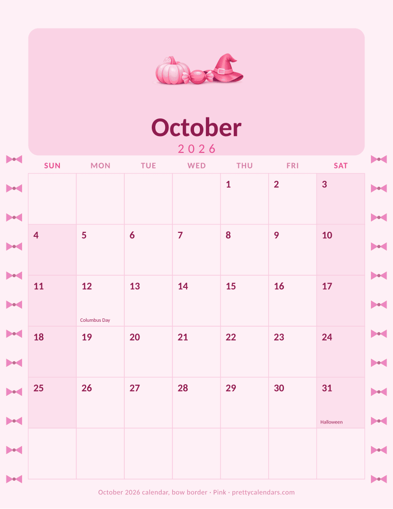 Printable monthly calendar with a bow border down both margins, Pink style