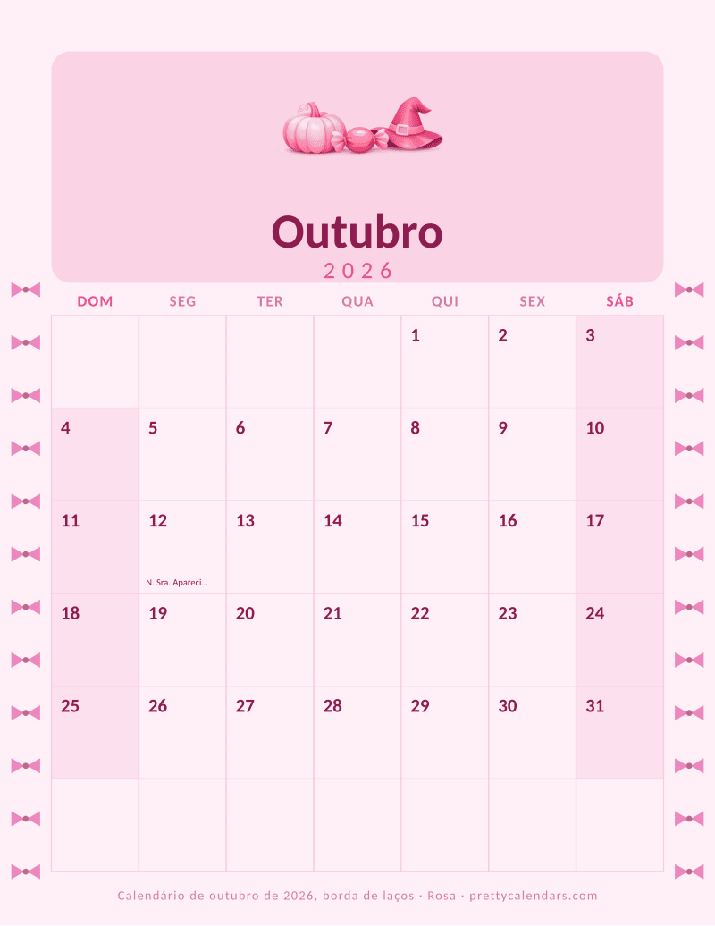 Calendário mensal para imprimir com borda de laços nas duas margens, estilo Rosa