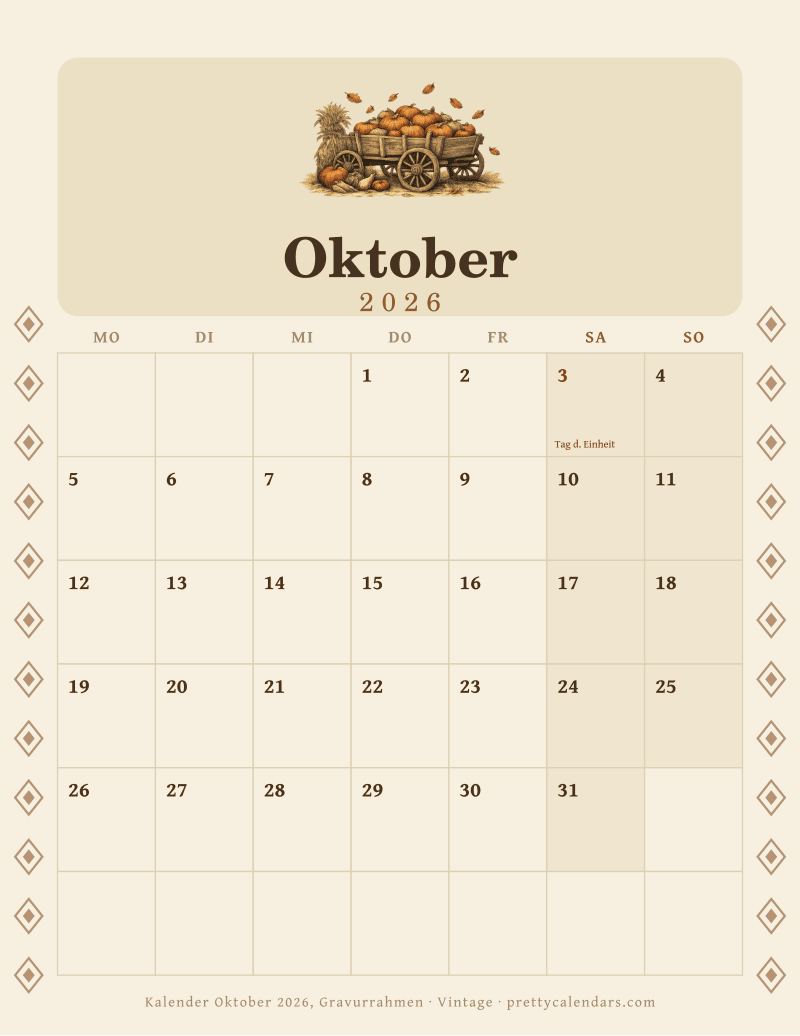 Druckbarer Monatskalender mit Gravurrahmen auf beiden Seiten, Design Vintage