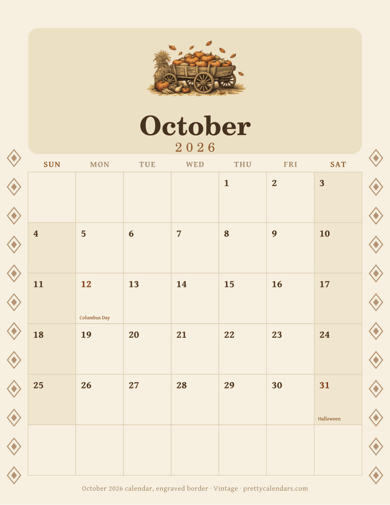 Printable monthly calendar with an engraved border down both margins, Vintage style