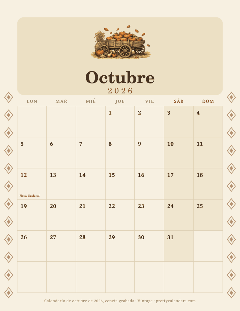 Calendario mensual para imprimir con una cenefa grabada en los dos márgenes, estilo Vintage