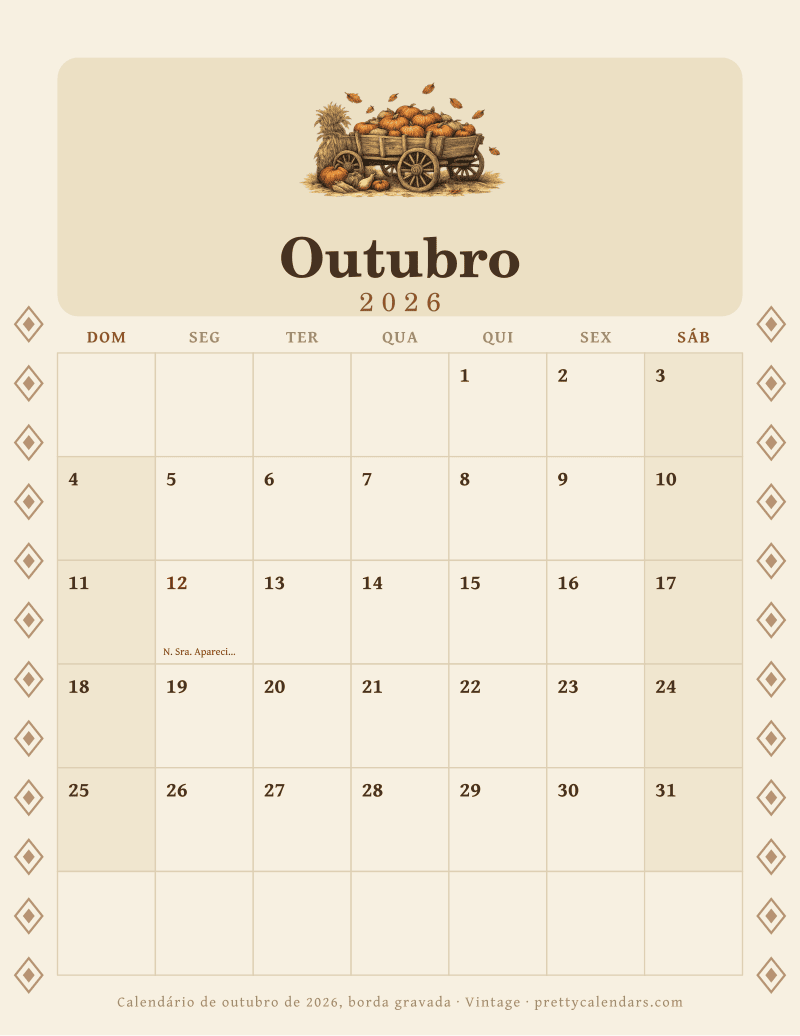 Calendário mensal para imprimir com borda gravada nas duas margens, estilo Vintage