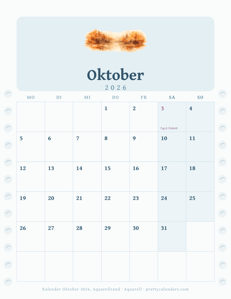 Druckbarer Monatskalender mit Aquarellrand auf beiden Seiten, Design Aquarell