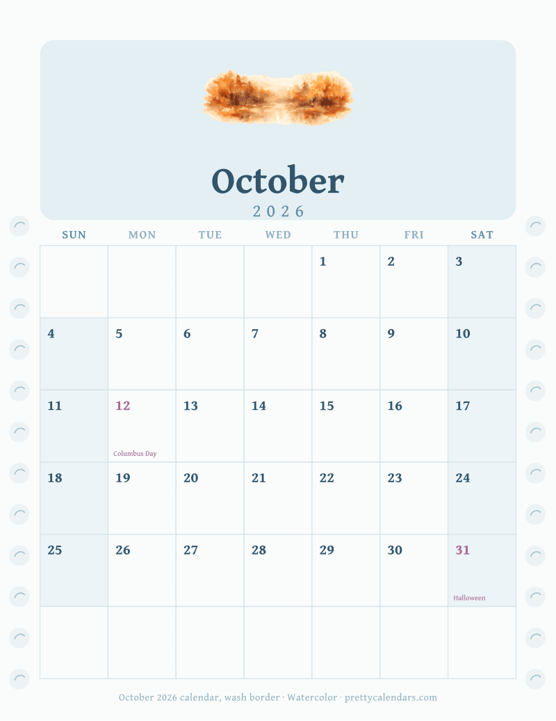 Printable monthly calendar with a wash border down both margins, Watercolor style