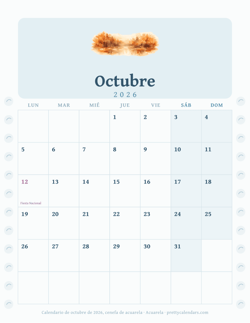 Calendario mensual para imprimir con una cenefa de acuarela en los dos márgenes, estilo Acuarela