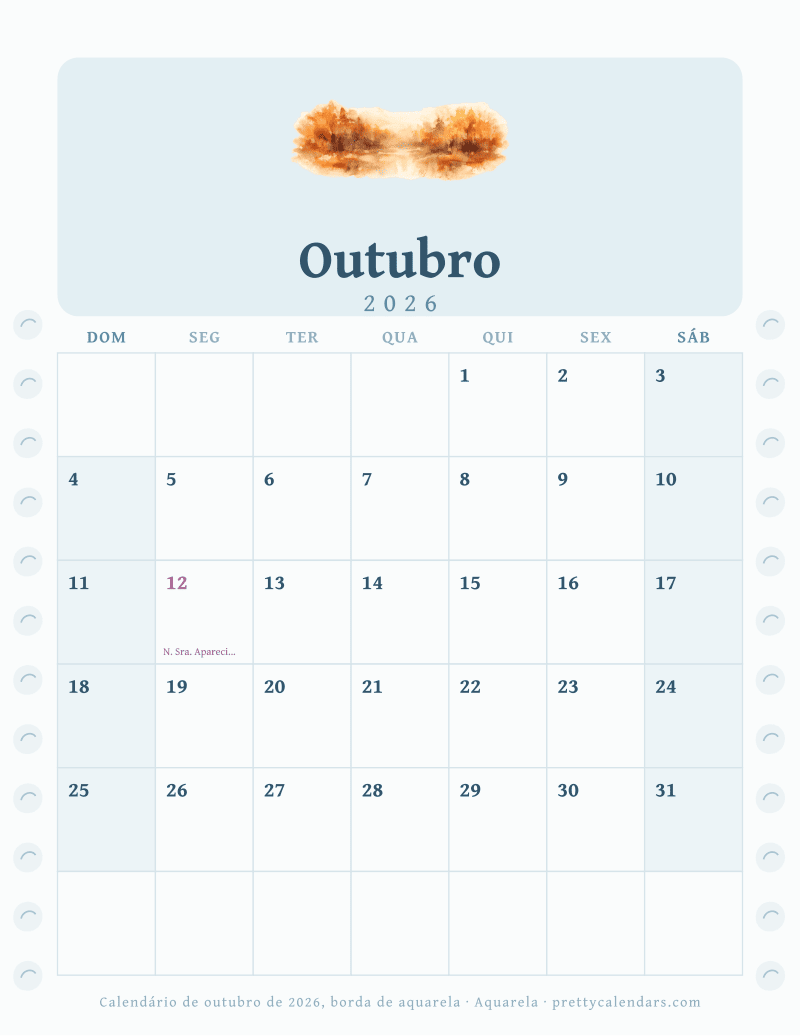 Calendário mensal para imprimir com borda de aquarela nas duas margens, estilo Aquarela